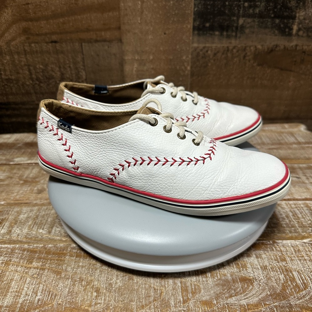 Keds Baseball Stitch Leather Shoes White Red Women’s Size 7 Lace-Up Sneakers - Picture 2 of 9